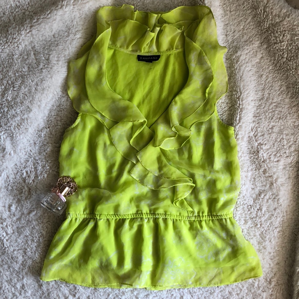 Bright Neon green ruffle top - size large